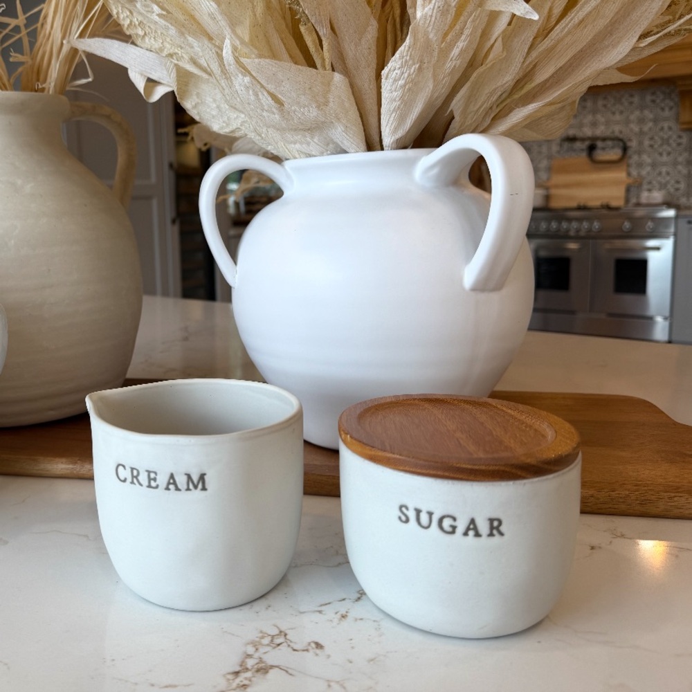 Hearth & Hand White Ceramic Cream and Sugar Set with Wooden Lid